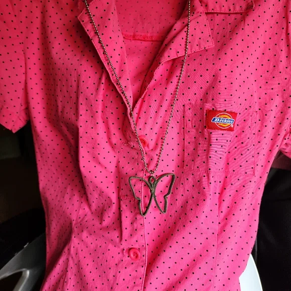 Y2K Dickies Sz M Barbie Pink Black Polkadot Buttondown Dress Worksiren Festival - Picture 12 of 14